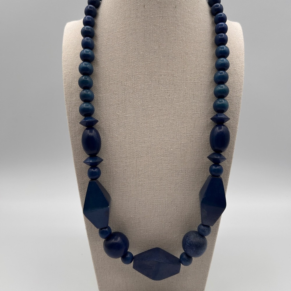 Vintage Navy Blue Wooden Bead Geometric Statement Necklace Gold Tone S Hook 22"